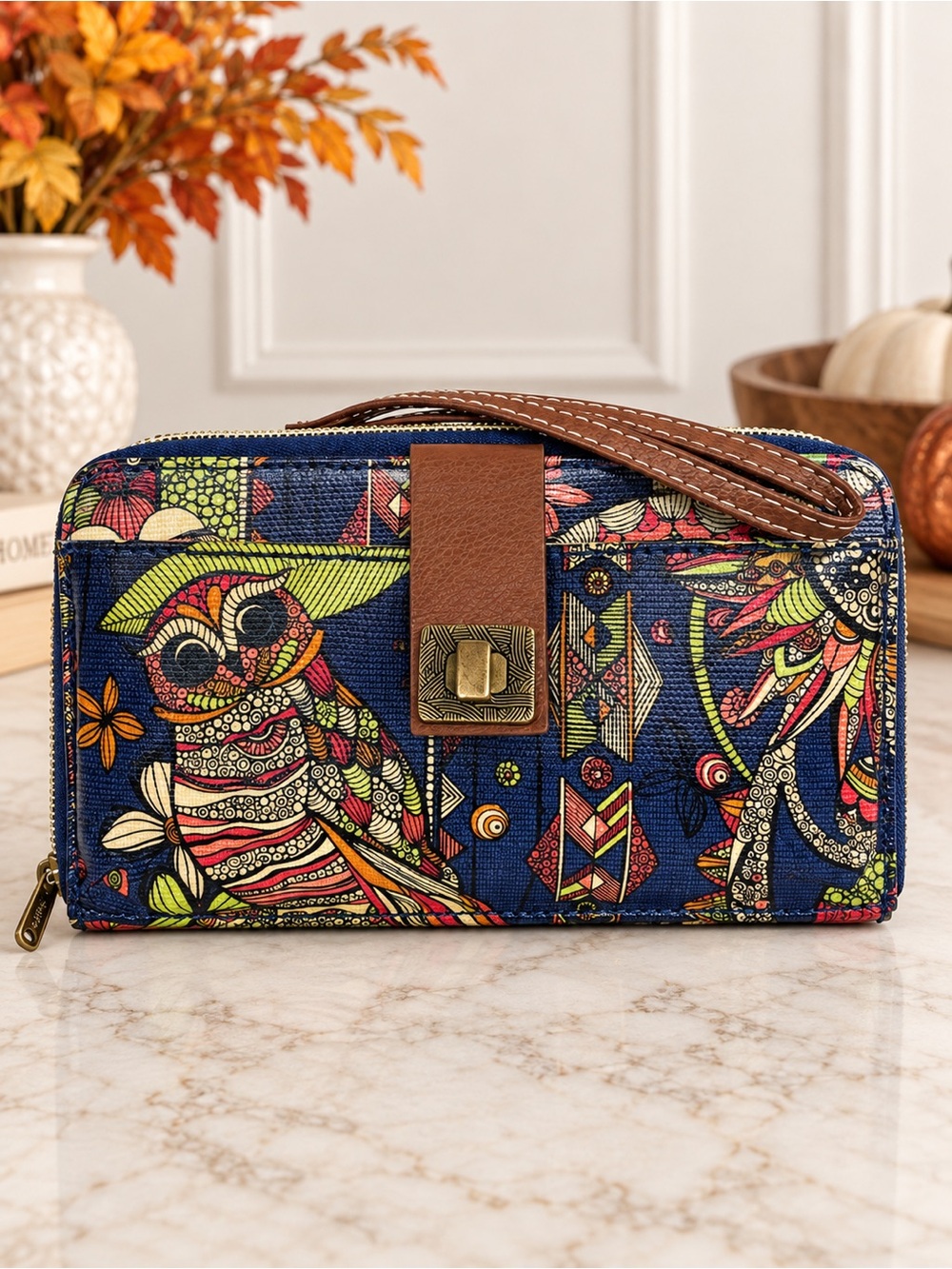 Sakroots Blue Owl Floral Wristlet Wallet Clutch Boho